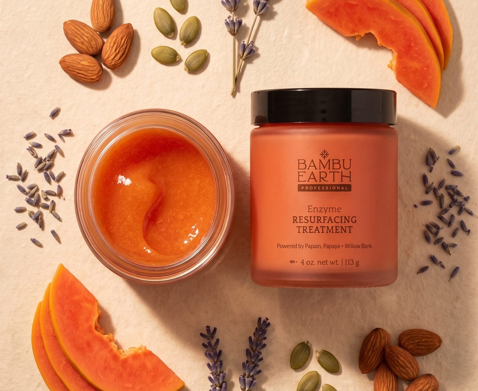 Enzyme Resurfacing Treatment jar with papaya, almond and lavender