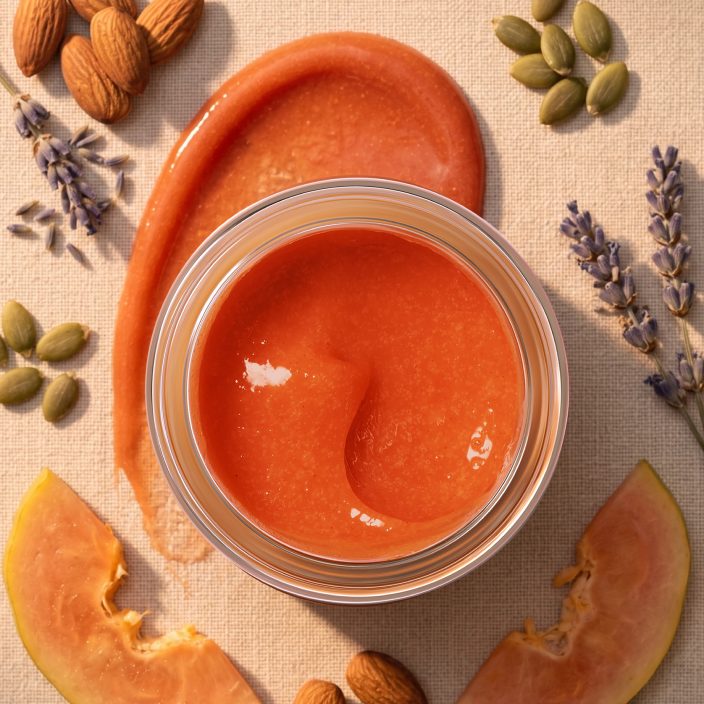 Open jar of the treatment with papaya, almond and lavender