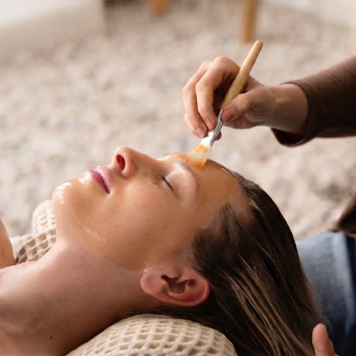 Esthetician working the treatment across the face with a brush