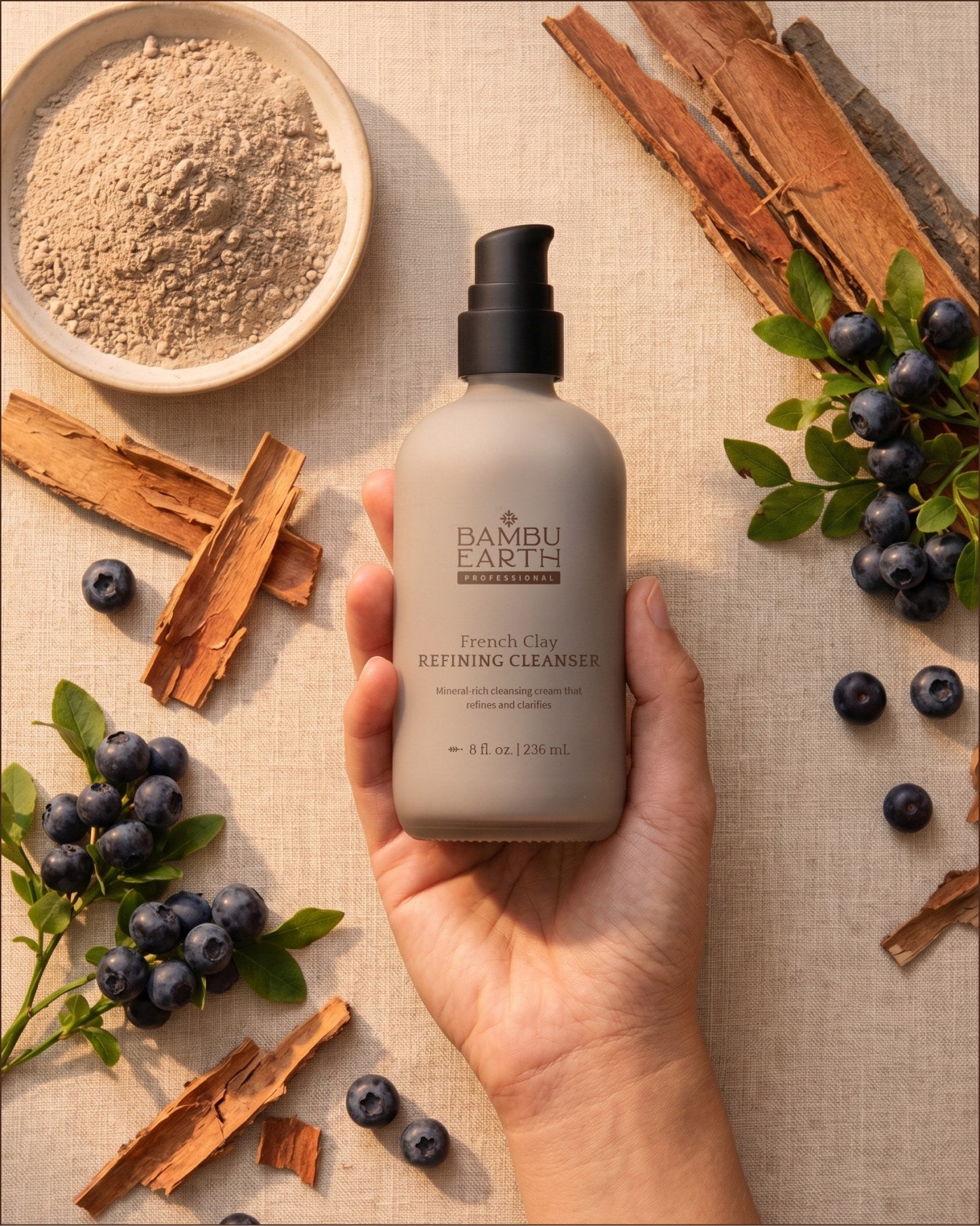 French Clay Refining Cleanser held beside French clay, willow bark and botanical fruit